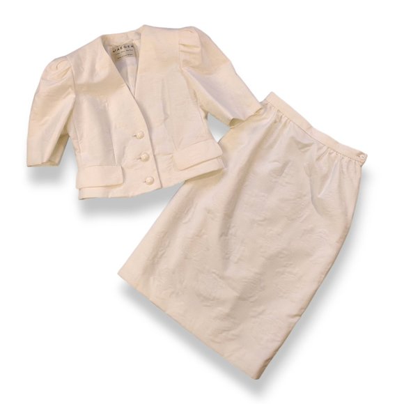 Jaeger vtge Britain made quilted roses puff sleeve jacket & high rise skirt set - Picture 4 of 8